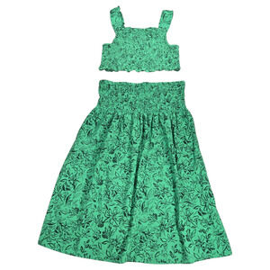 Ingrid Isabel Maternity LG Green Floral Smocked 2 PC Midi Skirt Tank Set Bump